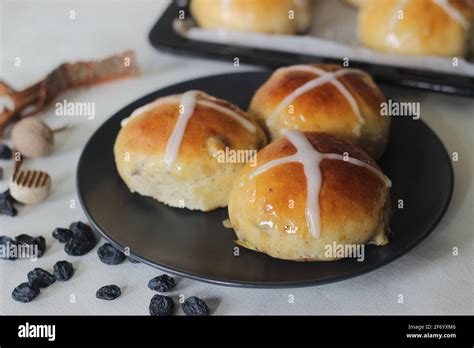Freshly Baked Hot Cross Buns A Sweet Fruit Bun Lightly Spiced With