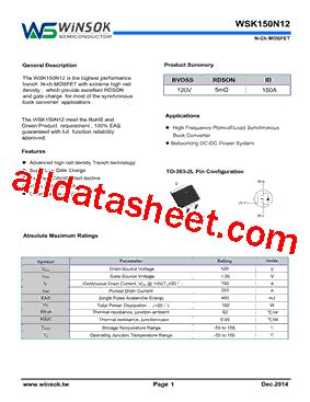 WSK150N12 Datasheet PDF Shenzhen Guan Hua Wei Ye Co Ltd