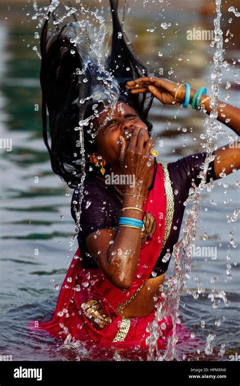 Indian People Bathing At Tungabhadra River Hampi Karnataka India