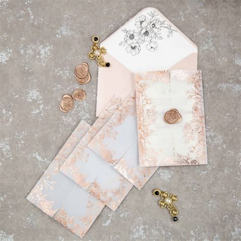 Rose Gold Foil Floral Vellum Pocket Invites Vellum Invitations Rose