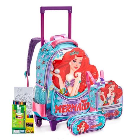 Kit Mochila Carrinho Estojo Lancheira Sereia Ruiva Princesas Lan Amento