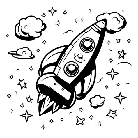 Cohete espacial y estrellas ilustración vectorial en estilo doodle