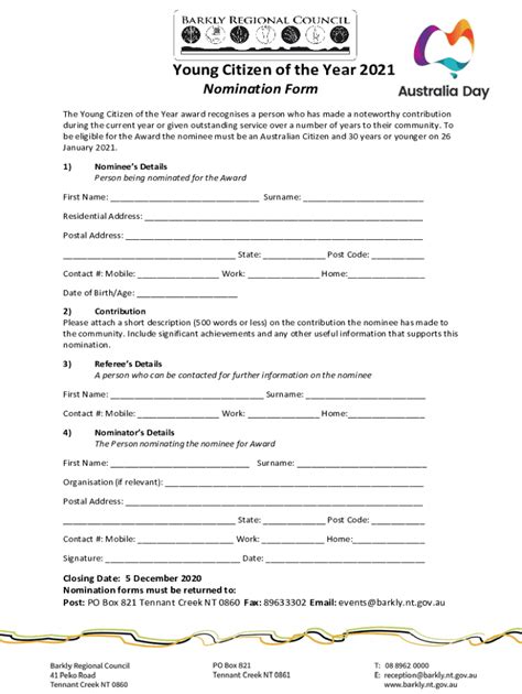 Fillable Online Australia Day Awards Nomination Form Fax Email