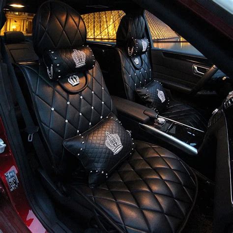 Black Leather Car Seat Cover With Rhinestone Bling Crown Five Pieces S