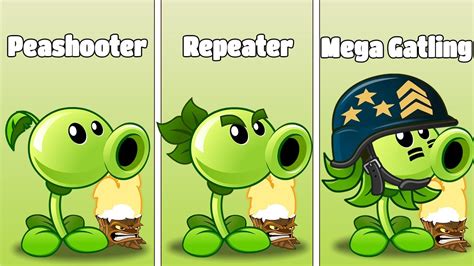 Peashooter Repeater Mega Gatling Pea And Pea Plants Level 1 Vs 6 Cart Head Zombies Pvz 2