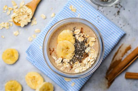 Banana Cinnamon Smoothie With Oats And Chia Seeds Vegan Drink Stock