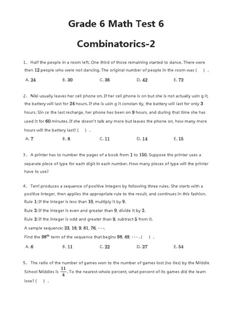 Grade 6 Math Test 6 | PDF | Numbers | Matrix (Mathematics)