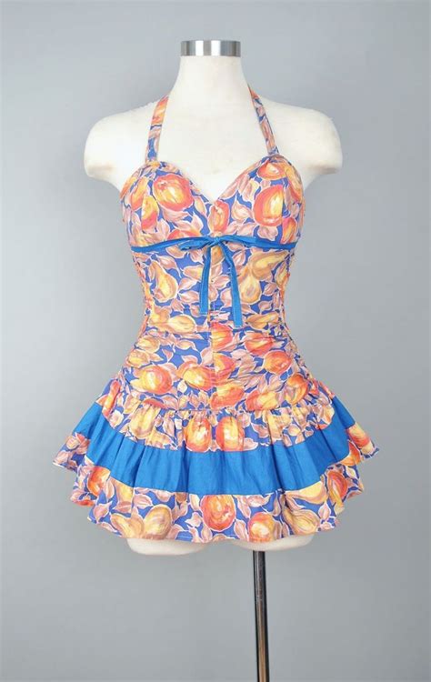 Vintage 50s Skirted Swimsuit 1950s Novelty Fruit Print Cotton Playsuit