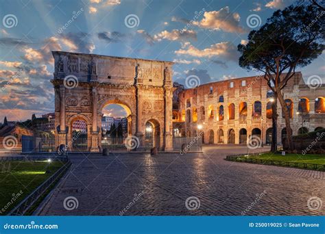 Rome Italy At The Arch Of Constantine And The Colosseum Stock Image