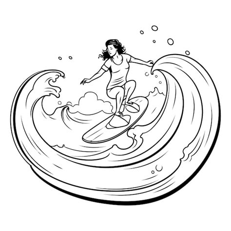 Menina Surfando Em Uma Onda Ilustra O Vetorial Em Preto E Branco Para