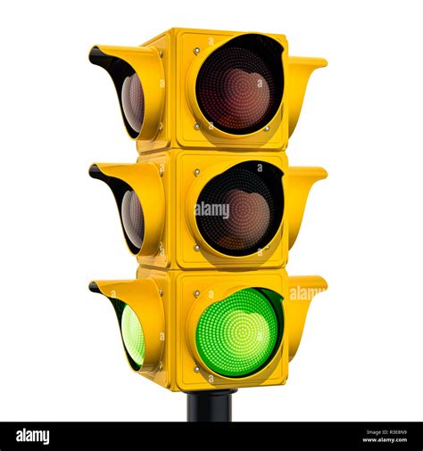 Yellow Traffic Light With Green Color 3d Rendering Isolated On White