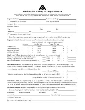 Fillable Online ASA Champions Academy 2013 Registration Form American