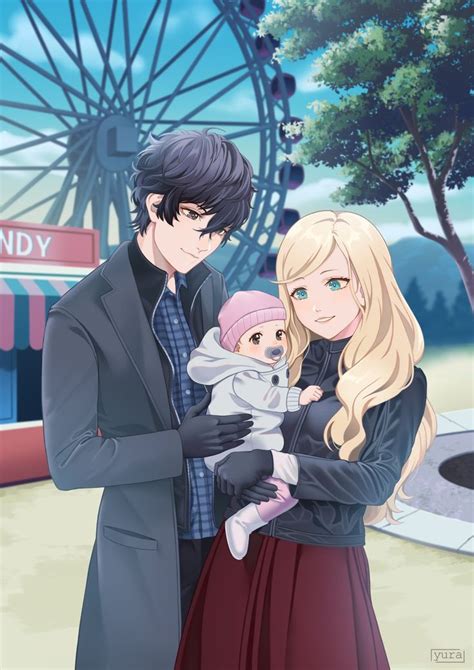 A Man And Woman Holding A Baby In Front Of A Ferris Wheel