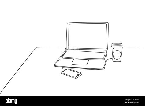 Single continuous line drawing of computer laptop, smartphone and paper cup of coffee at ...