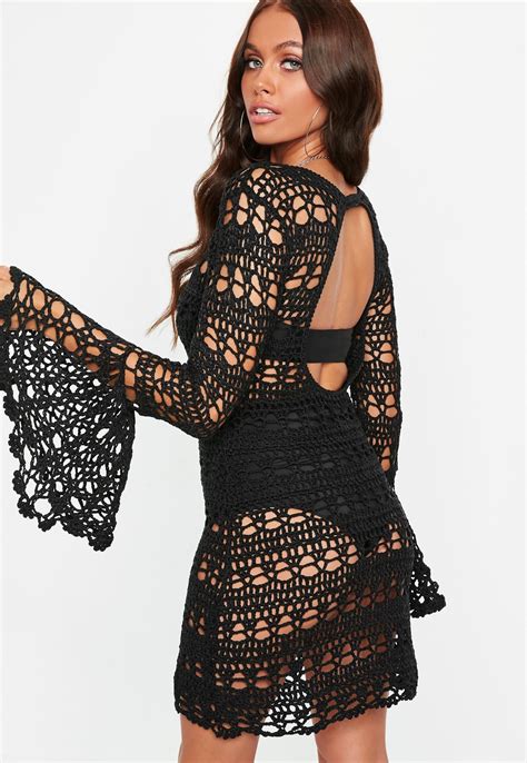 Black Flare Sleeve Backless Crochet Dress Missguided Black Crochet