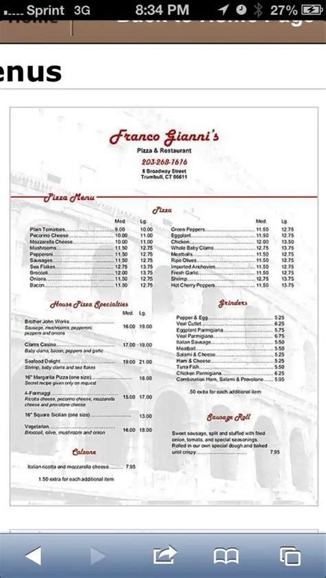 Menu at Franco Gianni's Restaurant & Pizza, Trumbull