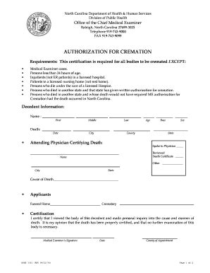 Fillable Online Authorization For Cremation North Carolina Board Of