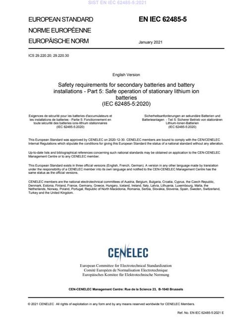 EN IEC 62485 5 2021 Safety Requirements For Secondary Batteries And