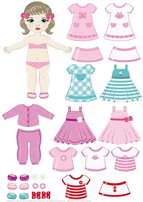 Brunette Girl Paper Doll With Clothing Set Free Printable Papercraft Templates