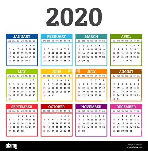 Colorido calendario año 2020 La semana comienza en domingo