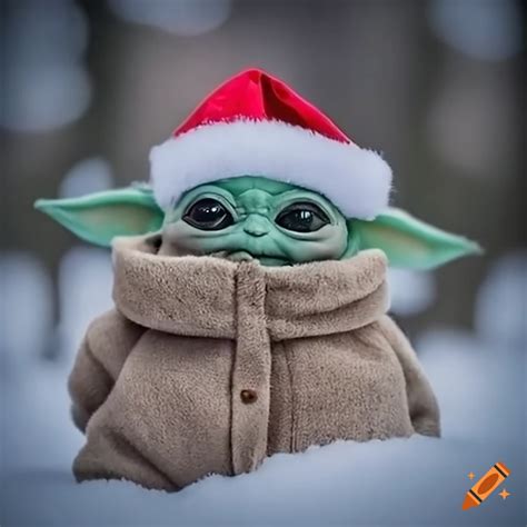 Baby Yoda Wearing Santa Hat In The Snow