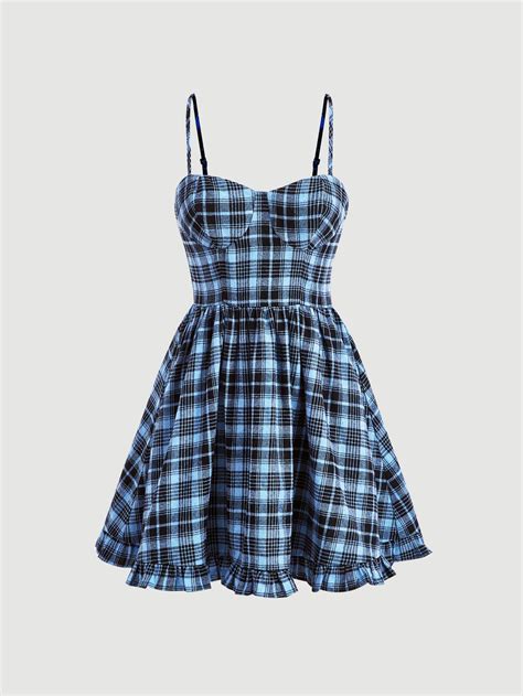 Shein Mod Vestido Cami Xadrez Bainha Babado Sem Moletom