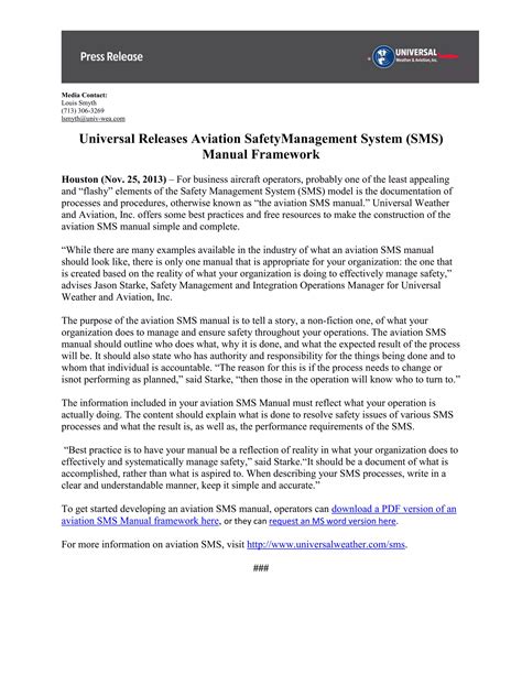 Universal Releases Aviation Safety Management System (SMS) Manual