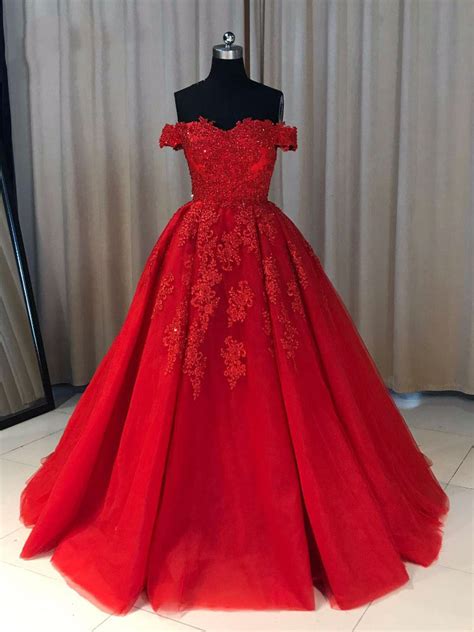 Ball Cown Prom Dresses Off The Shoulder Sweep Train Long Red Prom Dres