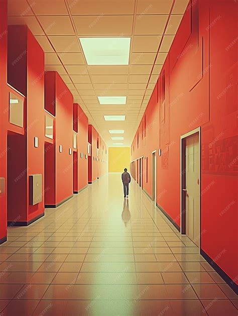 Premium Ai Image A Man Walking Down A Hallway With A Red Wall That Says The Word On It