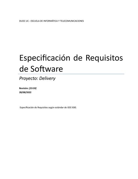 1 1 8 ERS Especificacion de Requisitos del software - DUOC UC - ESCUELA DE INFORMÁTICA Y - Studocu