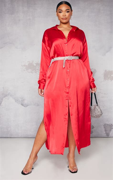 Plus Red Satin Maxi Shirt Dress Plus Size Prettylittlething