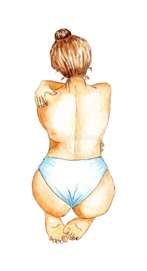 Watercolor Illustration Of A Naked Girl Sitting With Her Back And