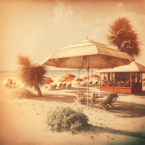 Beach Bar Deckchairs And Parasols On Sunny Beach Created Using Generative Ai Technology Stock