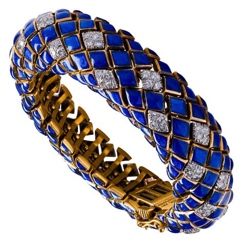 David Webb Blue Enamel Diamond 18k Gold Platinum Bracelet At 1stDibs