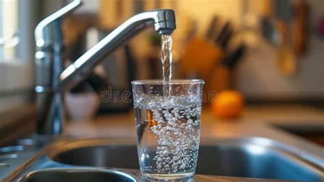 Clean Water From The Tap Flows Into The Glass Stock Image Image Of