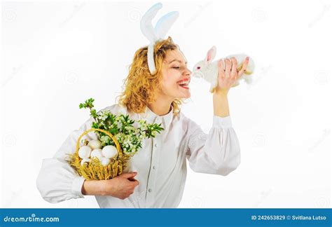 Easter Happy Girl In Rabbit Ears With Basket Eggs And Small Bunny