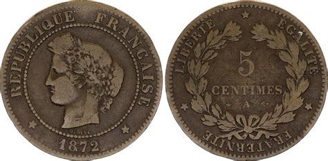 Pièce France 5 Centimes Cérès Troisième République 1872 A Paris