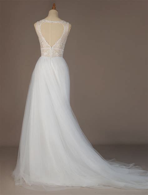 Robe De Mari E Simple Blanche Col V En Dentelle Jupe Fendue En Tulle