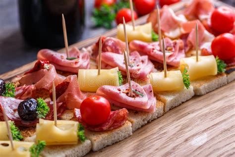 Many Pintxo Or Tapas Spanish Canapes Party Finger Food Stock Image