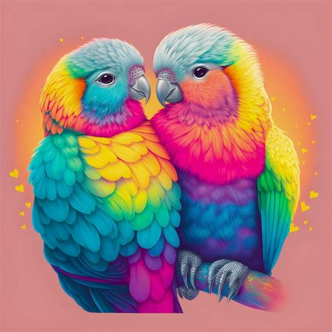 Premium Photo Two Love Parrots In Rainbow Colors Illustartion