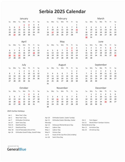 Yearly Calendar Printable With Serbia Holidays