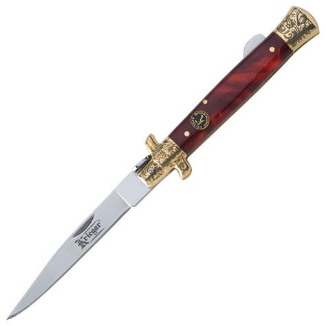 Engraved Scrollwork Stiletto Knife Red Marble True Swords