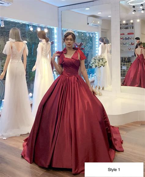 Cherry red princess long sleeve or sleeveless satin ball gown wedding
