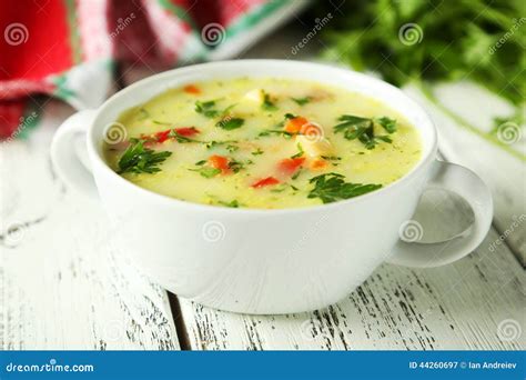 Bowl Of Soup On White Wooden Background Stock Image Image Of