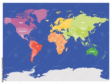 Colorful political map of World divided into six continents on dark ...