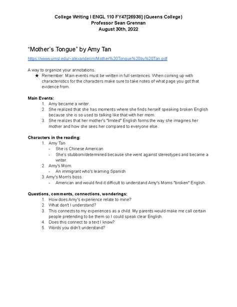 Engl 110 Mother S Tounge By Amy Tan Notes College Writing I ENGL