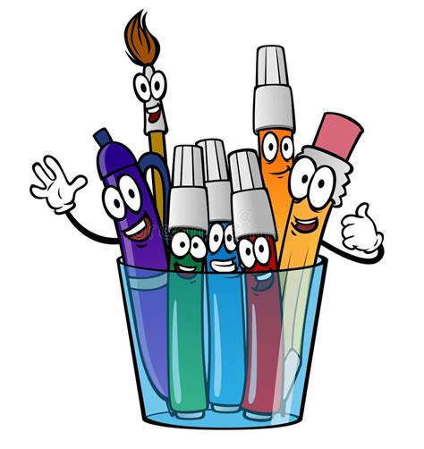 Glass With Cartoon Pencil Markers Brush Pen Stock Illustration