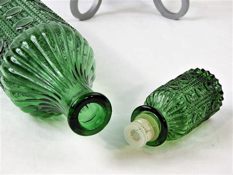 Vintage Green Decanter Tall Cut Glass Bottle Dot And Diamond Hobnail