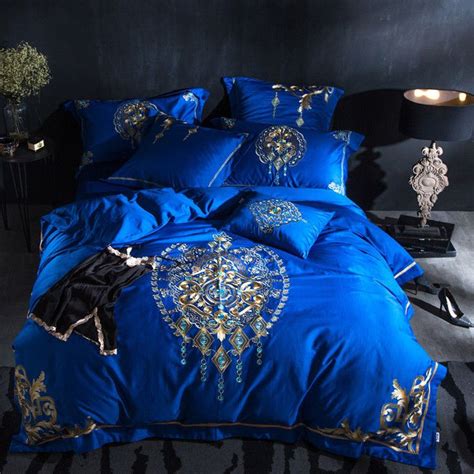 7pc Luxury Royal Blue Gold Jacquard Queen Egyptian Cotton 600tc Duvet