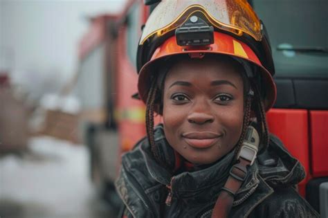 Premium Photo African American Female Firefighter Brave Portrait Near Fire Truck